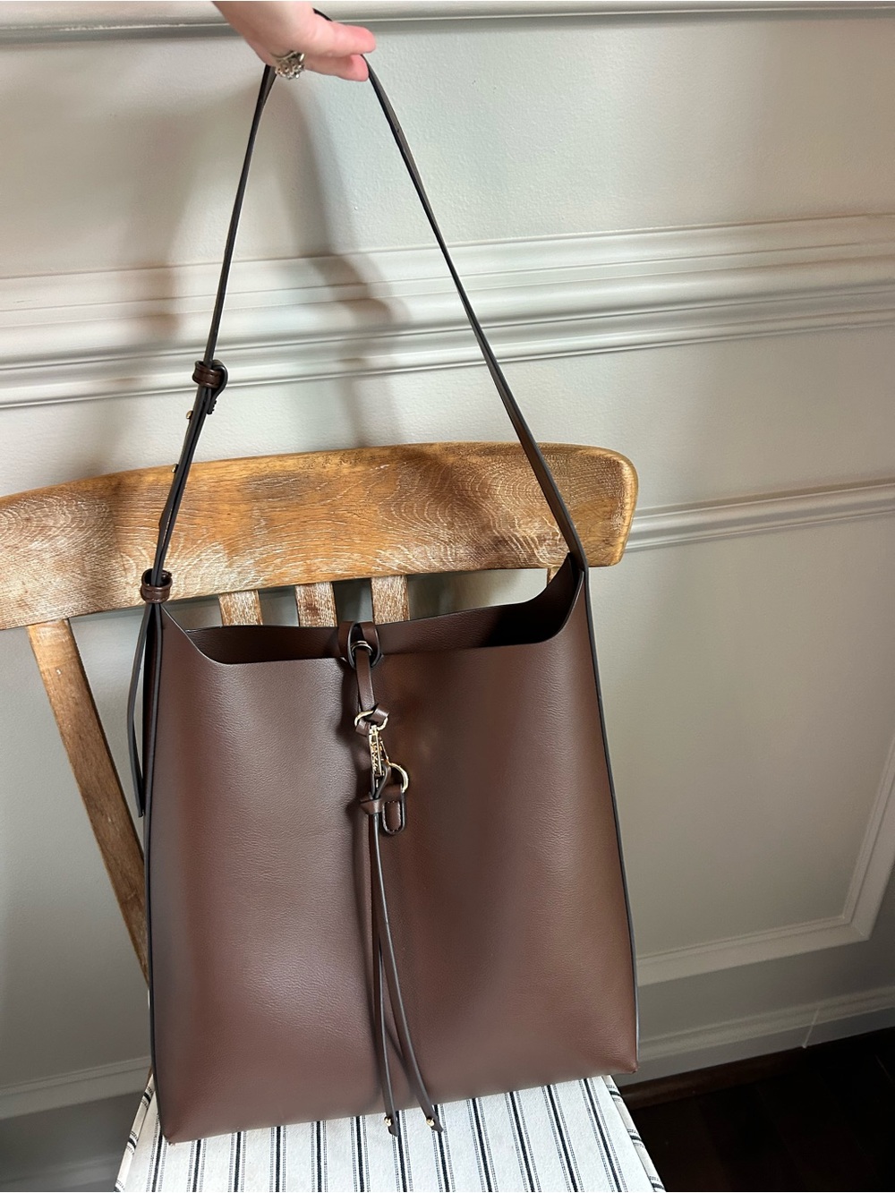 Brown Leather Shoulder Bag with Drawstring Accent